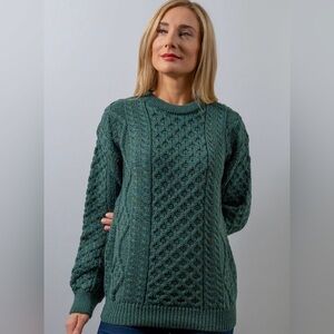 Aran Crafts Teal Cable Knit Crewneck Sweater
